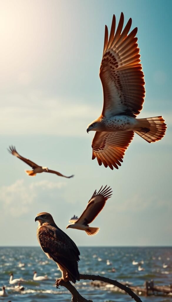 A majestic flock of Florida raptors soaring effortlessly against a vibrant azure sky. In the foreground, a sharp-eyed red-shouldered hawk surveys its domain, its powerful wings outstretched. In the middleground, a graceful swoop of osprey dive-bomb the shimmering waters below, their talons poised to pluck unsuspecting fish. In the distant background, a silhouette of a bald eagle glides on a thermal, its iconic white head and tail feathers catching the golden rays of the sun. The scene is bathed in warm, natural light, evoking a sense of wonder and awe at the beauty of these magnificent birds of prey in their natural Florida habitat.