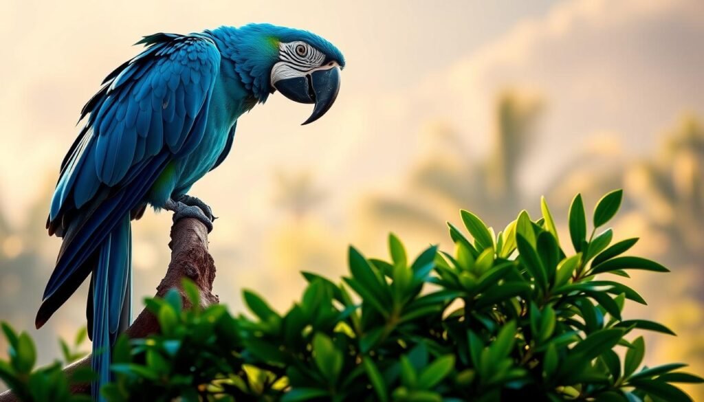 A majestic hyacinth macaw perches gracefully on a sturdy branch, its vibrant azure plumage shimmering under soft natural lighting. The bird's massive hooked beak and intense gaze convey a sense of power and intelligence. In the middle ground, lush green foliage frames the scene, while the background fades into a hazy, warm-toned tropical landscape. The composition captures the hyacinth macaw's gentle yet commanding presence, inviting the viewer to appreciate the beauty and tranquility of this magnificent parrot species. A majestic hyacinth macaw perches gracefully on a sturdy branch, its vibrant azure plumage shimmering under soft natural lighting. The bird's massive hooked beak and intense gaze convey a sense of power and intelligence. In the middle ground, lush green foliage frames the scene, while the background fades into a hazy, warm-toned tropical landscape. The composition captures the hyacinth macaw's gentle yet commanding presence, inviting the viewer to appreciate the beauty and tranquility of this magnificent parrot species.