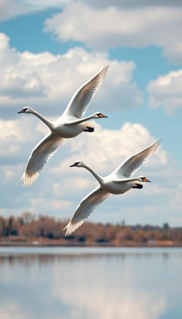 A majestic pair of whooper swans, their long graceful necks elegantly arched, gliding effortlessly through a serene, cloud-kissed sky. Sunlight glistens off their pristine white plumage, creating a breathtaking display of natural beauty. The birds soar with powerful, rhythmic wingbeats, showcasing their incredible aerial prowess. In the distant background, a tranquil lake reflects the scene, creating a harmonious, mirror-like effect. The composition captures the essence of these high-flying avian wonders, exuding a sense of tranquility and wonder.