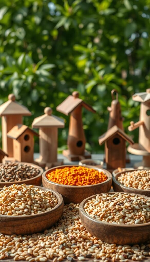 A meticulously arranged still life capturing an assortment of birdseed types. In the foreground, an array of sunflower seeds, millet, nyjer, and safflower in wooden bowls, each highlighting their distinctive shapes and hues. The middle ground features a scattering of birdfeeders in natural wood tones, casting soft shadows across the scene. In the background, a lush, verdant foliage backdrop, lending a sense of tranquility and connection to the natural world. The lighting is soft and diffused, creating a warm, inviting atmosphere that emphasizes the textures and nuances of the birdseed varieties. This image aims to educate and inspire viewers to thoughtfully consider the diverse options available when nourishing their feathered friends.