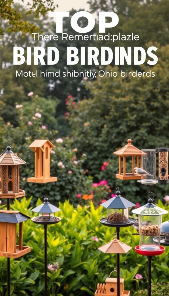 A meticulously composed overhead scene showcasing the top bird feeder brands favored by Ohio birders. In the foreground, various high-quality feeders in classic shapes and materials - wooden, metal, and acrylic - are arranged in an aesthetically pleasing display. The middle ground features lush, verdant foliage typical of the Ohio landscape, with native flowering plants and trees providing a naturalistic backdrop. Soft, warm lighting gently illuminates the scene, creating a welcoming, inviting atmosphere that captures the essence of avian-friendly backyard spaces. The overall composition highlights the diversity, quality, and appeal of the leading bird feeder brands tailored for the Ohio region.