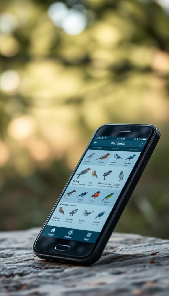 A meticulously designed bird identification app displayed on a sleek, modern smartphone, set against a serene natural backdrop. The app interface features high-resolution images of various bird species, detailed information, and intuitive navigation controls. Soft, diffused lighting illuminates the device, creating a calming, inviting atmosphere. The minimalist design and clean typography emphasize the app's user-friendly experience, catering to the needs of birdwatchers and nature enthusiasts. The overall composition conveys the integration of technology and the natural world, highlighting the utility of such an app in the pursuit of avian exploration and appreciation. A meticulously designed bird identification app displayed on a sleek, modern smartphone, set against a serene natural backdrop. The app interface features high-resolution images of various bird species, detailed information, and intuitive navigation controls. Soft, diffused lighting illuminates the device, creating a calming, inviting atmosphere. The minimalist design and clean typography emphasize the app's user-friendly experience, catering to the needs of birdwatchers and nature enthusiasts. The overall composition conveys the integration of technology and the natural world, highlighting the utility of such an app in the pursuit of avian exploration and appreciation.