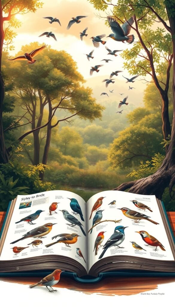A meticulously detailed illustration of the classic "Sibley Guide to Birds", showcasing its iconic bird species in a natural, softly-lit setting. The foreground features an open book with vibrant, lifelike renderings of various avian subjects, their feathers and proportions captured with keen precision. The middle ground depicts a scenic woodland backdrop, with lush foliage and dappled sunlight filtering through the canopy. In the distance, a flock of birds takes flight, their graceful silhouettes framed against a warm, golden sky. The overall composition conveys the authoritative, yet approachable nature of this celebrated field guide, making it an indispensable tool for novice birdwatchers.