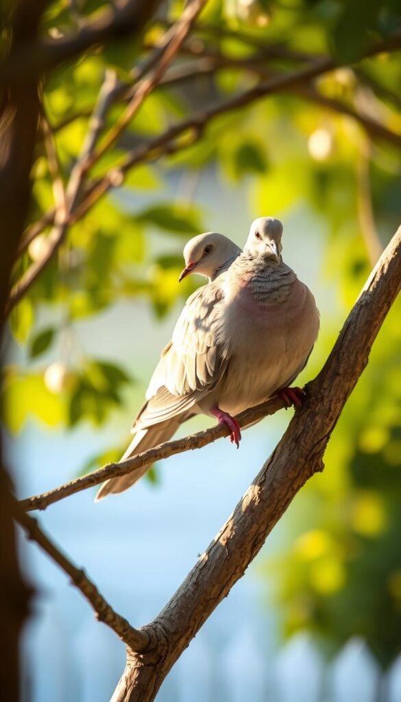 A mourning dove perched gracefully on a tree branch, its gentle eyes and soft, gray feathers conveying a sense of tranquility. The bird is captured in a medium shot, with a blurred, natural landscape in the background, hinting at the serene backyard setting. Warm, natural lighting illuminates the scene, casting a golden glow and creating a calming, inviting atmosphere. The composition is balanced, with the dove's pose and the surrounding foliage creating a visually pleasing and harmonious image.