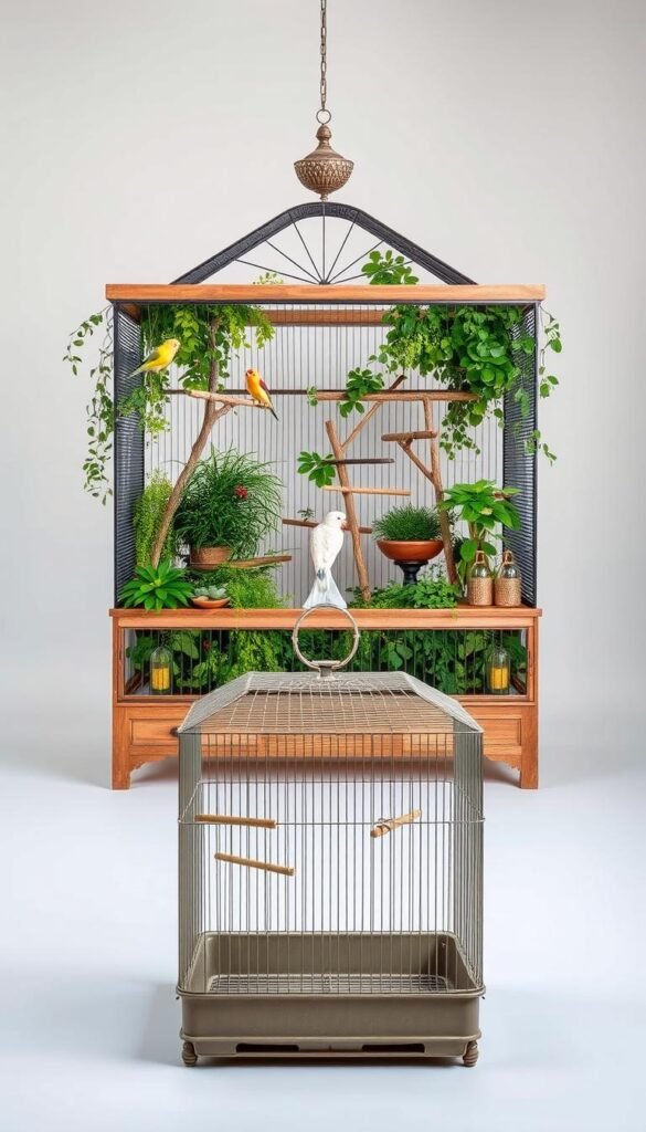 A natural, well-lit studio space with a bird's-eye perspective. In the foreground, a meticulously crafted aviary showcasing a lush, verdant enclosure with ample perches, feeders, and a calming water feature. Beside it, a traditional birdcage in a muted, complementary tone, highlighting the stark contrast in size, layout, and design. The middle ground captures the key differences in these two bird housing options, inviting the viewer to observe and compare. The background subtly fades into a soft, neutral backdrop, placing the focus entirely on the enclosures and their distinct characteristics.