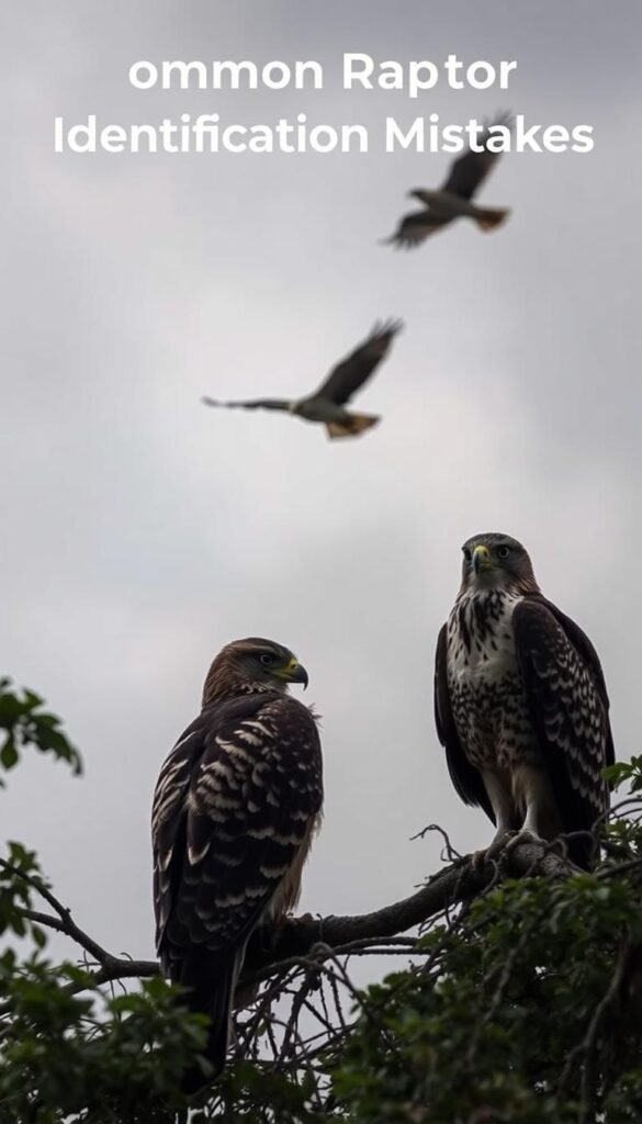 A nature documentary-style scene of common raptor identification mistakes. In the foreground, a pair of large hawks perched on a tree branch, their distinctive markings obscured by shadows and foliage. In the middle ground, a falcon in flight is mistaken for a smaller hawk. In the distant background, a silhouetted eagle soars against a moody, overcast sky. The lighting is soft and natural, evoking a sense of educational discovery. The camera angle is angled slightly upwards, creating a sense of awe and perspective. The overall mood is one of thoughtful introspection, inviting the viewer to carefully observe the subtle differences between these majestic birds of prey.