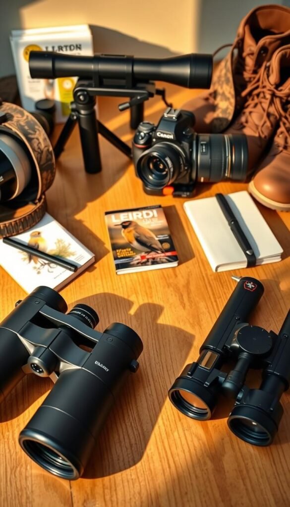 A neatly arranged display of advanced birdwatching gear on a wooden table. In the foreground, a high-quality pair of binoculars with multi-coated lenses and a sleek, rubberized exterior. Next to it, a powerful spotting scope with a large objective lens, mounted on a sturdy tripod. In the middle ground, a professional-grade DSLR camera with a long telephoto lens, accompanied by a remote shutter release and a camouflaged camera strap. In the background, a bird field guide, a notebook, and a pair of comfortable, well-worn hiking boots. The lighting is soft and natural, casting warm, dramatic shadows across the scene. The overall mood is one of excitement and anticipation, capturing the essence of the enthusiastic beginner's journey into the world of advanced birdwatching.
