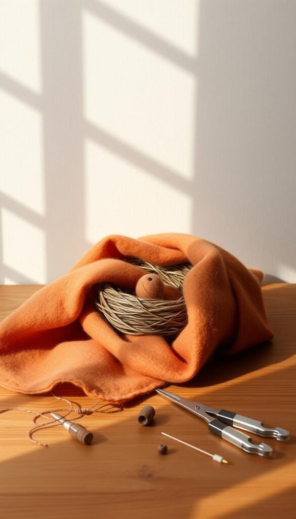 A neatly arranged still life showcasing the materials for a DIY no-sew felt bird nesting pocket project. In the foreground, a soft, felted fabric in a warm, earthy palette is draped gracefully, inviting the viewer to imagine the cozy nest it will become. Surrounding it, an assortment of sewing notions - needle, thread, scissors - rest on a wooden surface, illuminated by soft, natural lighting that casts gentle shadows. In the background, a soothing, neutral-toned backdrop creates a calming, focused atmosphere, allowing the materials to take center stage and inspire the viewer's creativity.