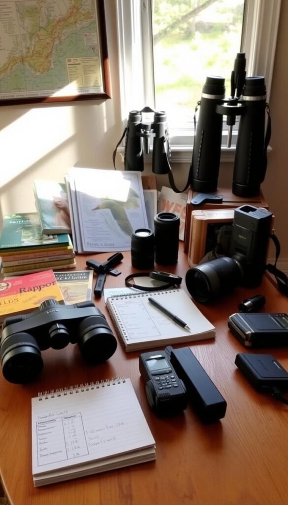 A neatly organized collection of raptor identification tools and resources on a wooden table, softly illuminated by natural light from a window. In the foreground, various field guides, binoculars, and a notepad with sketches. In the middle ground, a pair of high-quality camera lenses and a wildlife audio recorder. In the background, a map of the local area and a pair of weathered binoculars hang on the wall, conveying a sense of experienced birding. The overall atmosphere is one of thoughtful preparation and a passion for studying raptors in their natural habitat.