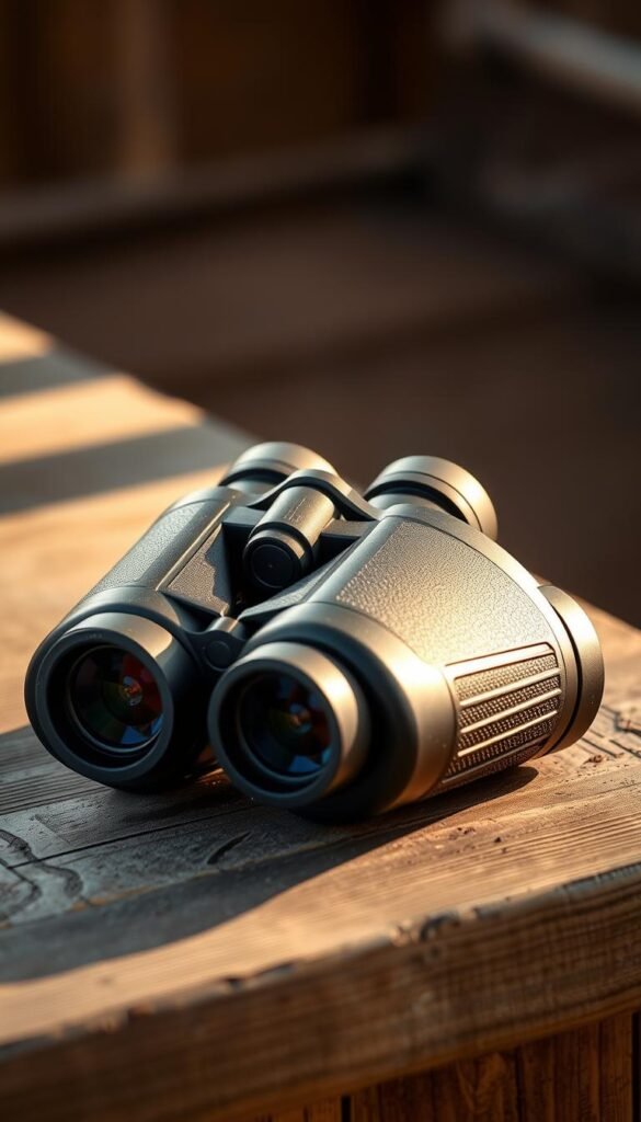 A pair of high-quality, black binoculars with rubberized grip and multi-coated lenses sit atop a weathered wooden surface. The binoculars are angled slightly, capturing the essence of an avid birdwatcher about to scan the skies for their next feathered discovery. Warm, natural lighting casts a soft glow, creating depth and highlighting the intricate details of the binoculars' construction. The overall mood is one of anticipation and quiet focus, conveying the dedicated spirit of the serious birdwatcher ready to embark on a journey of avian exploration.
