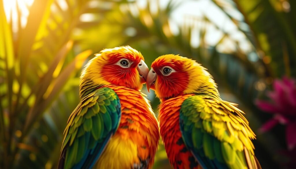 A pair of lovebirds, their vibrant plumage shimmering in the warm, golden sunlight. The birds are nestled together, their beaks gently touching as they bond and preen each other's feathers. The scene is framed by a lush, verdant background of tropical foliage, creating a sense of tranquility and harmony. The camera angle is slightly elevated, capturing the affectionate interaction between the two birds from an endearing perspective. The overall atmosphere conveys the gentle, playful nature of these pocket-sized parrots, perfectly encapsulating the essence of their species. A pair of lovebirds, their vibrant plumage shimmering in the warm, golden sunlight. The birds are nestled together, their beaks gently touching as they bond and preen each other's feathers. The scene is framed by a lush, verdant background of tropical foliage, creating a sense of tranquility and harmony. The camera angle is slightly elevated, capturing the affectionate interaction between the two birds from an endearing perspective. The overall atmosphere conveys the gentle, playful nature of these pocket-sized parrots, perfectly encapsulating the essence of their species.