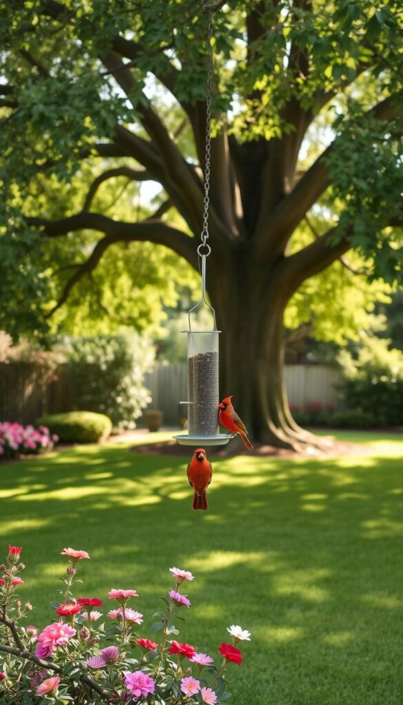 A peaceful backyard setting with a bird feeder hanging from a tall oak tree, its branches casting dappled shadows on the lush, manicured lawn below. In the foreground, a pair of vibrant songbirds - perhaps a male and female cardinal - perch atop the feeder, enjoying a nutritious meal against a backdrop of blooming flowers and verdant foliage. The scene is bathed in soft, warm lighting, creating a serene and inviting atmosphere that beckons the viewer to step outside and immerse themselves in the joy of backyard birding.
