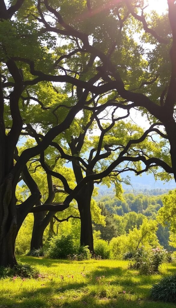 A peaceful forest glade, bathed in soft, golden sunlight filtering through the lush, verdant canopy of stately oak trees. In the foreground, the gnarly, twisted trunks and branches provide shelter and nesting spots for a variety of vibrant songbirds, their melodious calls echoing through the tranquil scene. The middle ground reveals a serene understory, carpeted with ferns and wildflowers, inviting small creatures to take refuge from the outside world. In the background, the forest extends into the distance, hazy blue hills rising beyond, creating a sense of depth and lush, natural sanctuary.