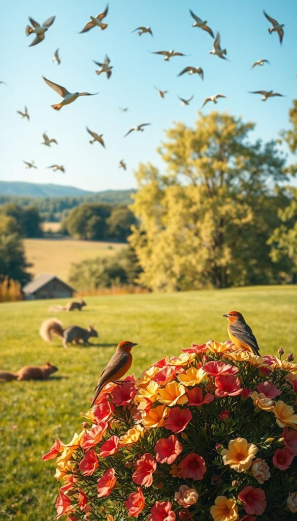 A peaceful garden teeming with vibrant avian life. In the foreground, a pair of songbirds perched atop a lush flowering bush, their feathers glistening in the warm, soft light. In the middle ground, a squirrel darts across the grassy lawn, while overhead, a flock of swallows gracefully glide through the clear blue sky. The background is a tranquil landscape of rolling hills and verdant trees, creating a serene and inviting atmosphere that beckons the birds to thrive. Capture the beauty and importance of cultivating a wildlife-friendly oasis in this captivating, naturalistic scene.