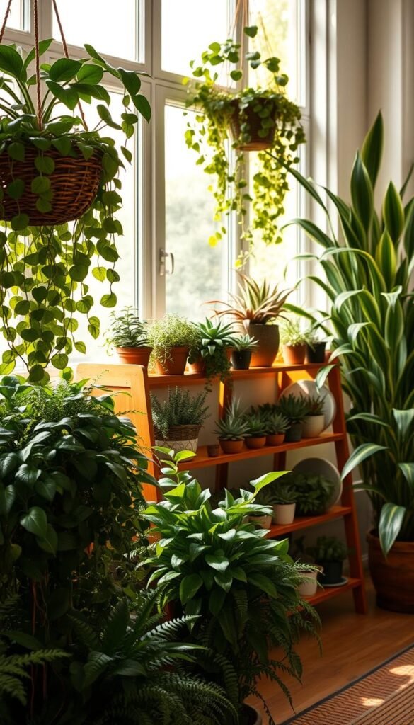 A peaceful indoor garden with a variety of safe, non-toxic houseplants that are suitable for bird-friendly environments. The foreground features lush, verdant foliage of pothos, spider plants, and Boston ferns cascading from woven hanging baskets. A mid-ground array of petite succulents and air plants adorns a wooden shelving unit, bathed in soft, diffused natural light filtering through large windows. The background showcases a mix of tall, upright plants like snake plants and ZZ plants, creating a serene, calming atmosphere. The lighting is warm, with gentle shadows that accentuate the organic textures and shapes of the plants. The overall composition conveys a sense of harmony and tranquility, ideal for creating a safe, bird-friendly indoor oasis.