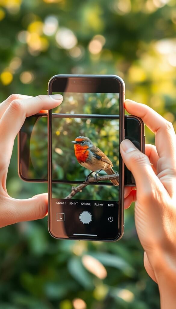 A person's hands deftly maneuvering a sleek smartphone, the camera lens carefully focused on a vibrant songbird perched on a branch. Soft, natural lighting illuminates the scene, casting a warm, golden glow. The smartphone is equipped with a high-quality camera lens, capturing the bird's intricate feathers and captivating gaze. The background is a lush, verdant garden, with blurred foliage creating a sense of depth and atmosphere. The overall mood is one of tranquility and wonder, inviting the viewer to marvel at the beauty of the natural world, captured through the lens of a smartphone.