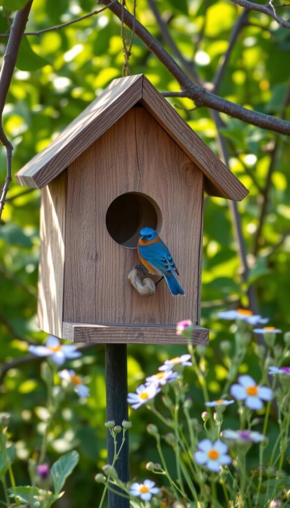 A picturesque wooden birdhouse, its weathered exterior blending seamlessly with the lush foliage of a verdant garden. The nesting box, meticulously crafted with a slanted roof and a charming round entrance, invites the vibrant Eastern Bluebird to take up residence. Soft, natural light filters through the branches, casting a warm, welcoming glow upon the scene. In the foreground, delicate wildflowers sway gently, their vibrant hues complementing the muted tones of the birdhouse. The entire composition radiates a sense of tranquility and harmony, capturing the essence of why one would want to build a bluebird house - to provide a safe, nurturing haven for these beautiful songbirds to thrive.
