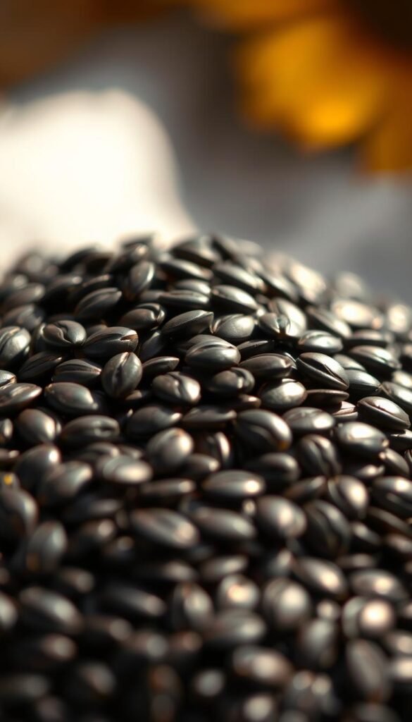 A pile of glistening black oil sunflower seeds, meticulously arranged against a soft, out-of-focus background. The seeds are lit from the side, casting subtle shadows that accentuate their smooth, lustrous texture. The lighting is warm and natural, creating a cozy, inviting atmosphere. The focus is sharp on the seeds, drawing the viewer's eye to their rich, ebony hue and the intricate patterns on their shells. The composition is balanced and visually appealing, with the seeds occupying the center of the frame. This image captures the essence of black oil sunflower seeds, showcasing their beauty and suitability as a high-quality bird feed.