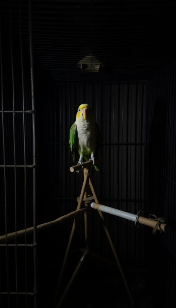 A poorly equipped parrot enclosure with an improperly sized cage and an unstable T-stand. The cage is too small, the bars are spaced too widely, and the T-stand is teetering precariously, posing a serious safety hazard. The lighting is dim, with shadows casting an ominous atmosphere. The overall scene conveys a sense of neglect and disregard for the parrot's well-being. The middle ground features the parrot perched uncomfortably on the unstable T-stand, its body language suggesting distress. The background is blurred, drawing the viewer's attention to the problematic setup in the foreground.