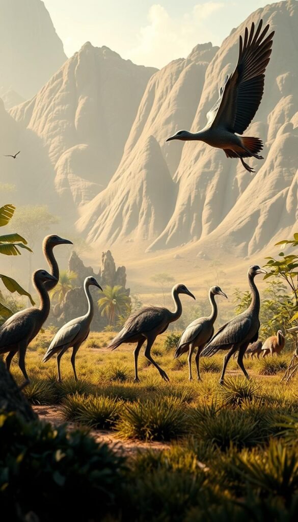 A prehistoric landscape unfolds, showcasing the evolutionary journey of flightless birds. In the foreground, a diverse array of avian species stand tall, their distinct features and proportions highlighting their genetic relations. The middle ground depicts the gradual transformation, with transitional forms emerging, wings gradually diminishing, and robust legs developing. In the background, a primordial setting with lush vegetation and a neutral color palette sets the stage, bathed in warm, natural lighting that accentuates the organic textures and forms. The scene conveys a sense of timeless evolution, inviting the viewer to witness the remarkable adaptations that have shaped these iconic creatures over eons.