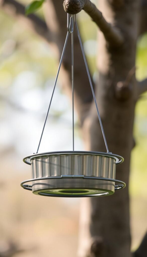 A pristine bird feeder hangs from a sturdy tree branch, its metal surface gleaming in the soft, diffused natural light. The feeder's perches are clean and inviting, ready to welcome a variety of feathered visitors. The background is blurred, creating a sense of depth and focus on the feeder itself. The scene exudes a serene, tranquil atmosphere, reflecting the care and attention given to maintaining this backyard oasis for our winged friends.