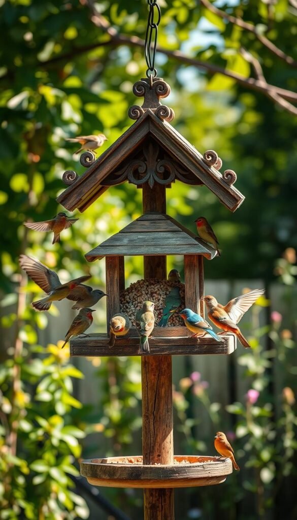 A rustic bird feeding station stands in a sun-dappled backyard, surrounded by lush greenery. The feeder itself is a quaint wooden structure, its roof adorned with intricate carvings. Songbirds of various vibrant plumages flutter around, perching on the feeder's ledges to enjoy the fresh seed. The scene is captured through a wide-angle lens, showcasing the tranquil atmosphere with soft, warm lighting that casts gentle shadows. The overall composition exudes a sense of serenity, inviting the viewer to appreciate the beauty and importance of providing a consistent food source for our feathered friends.