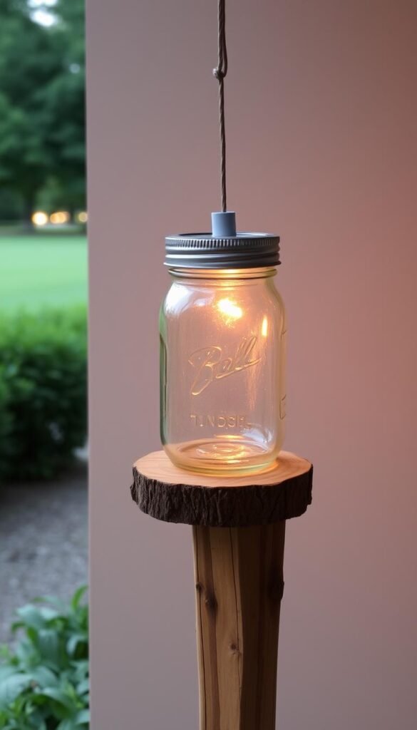 A rustic, handcrafted mason jar bird feeder rests on a sturdy wooden perch, its slender silhouette contrasted against a muted, natural backdrop. Warm, diffused lighting casts a gentle glow, highlighting the textured wood grain and the classic glass jar. The feeder's metal lid has been artfully repurposed, creating a charming, functional design. This inviting setup is placed within a serene outdoor setting, surrounded by lush foliage and a hint of distant greenery, inviting curious birds to visit and partake in the nourishment provided.