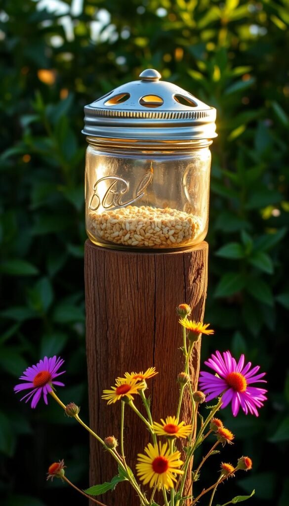 A rustic, handcrafted mason jar bird feeder sits atop a wooden post, surrounded by lush greenery. The jar's surface glistens in the warm, golden afternoon sunlight, its metal lid adorned with intricate cutouts that allow birdseed to spill out. In the foreground, a cluster of vibrant wildflowers add a burst of color, complementing the earthy tones of the wooden post and the feeder's weathered charm. The composition is framed by a backdrop of verdant foliage, creating a natural, inviting setting that beckons birds to come and feast. The overall scene exudes a sense of tranquility and connection with the great outdoors, perfectly capturing the essence of a homemade mason jar bird feeder.