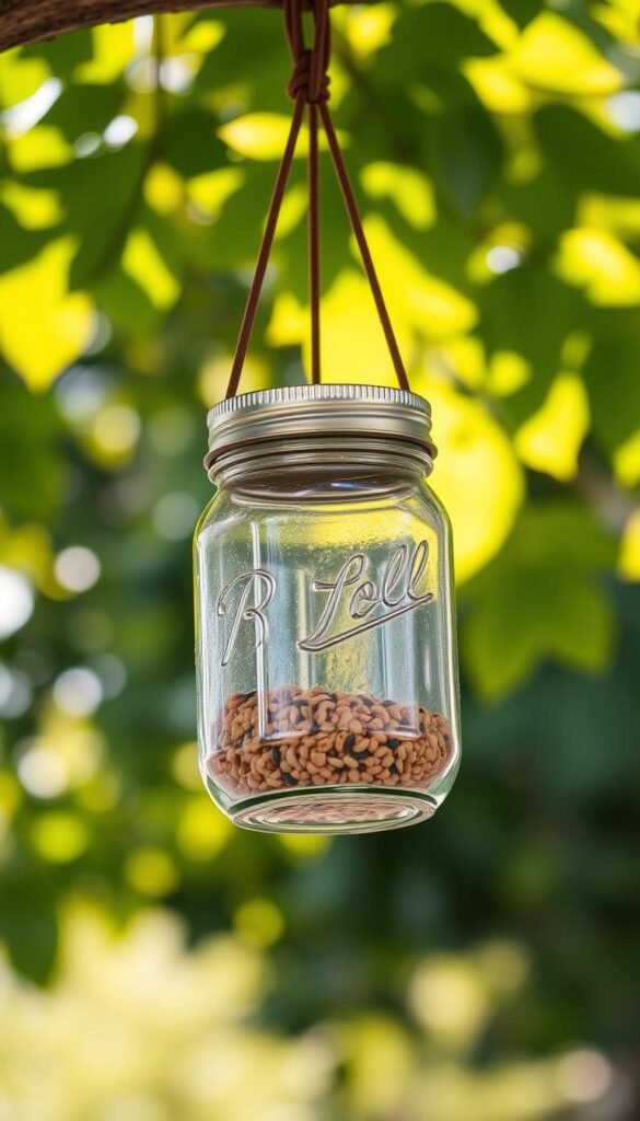 A rustic, hanging mason jar bird feeder suspended from a sturdy wooden branch, set against a natural backdrop of verdant foliage. The glass jar, with its simple design, is filled with birdseed, reflecting the warm, golden rays of the sun filtering through the leaves. The leather cord attaching the jar to the branch adds a charming, handcrafted touch, while the overall composition evokes a sense of tranquility and a connection to the great outdoors. Captured with a shallow depth of field, the focus is drawn to the delicate details of the feeder, inviting the viewer to imagine the bustling activity of feathered visitors.