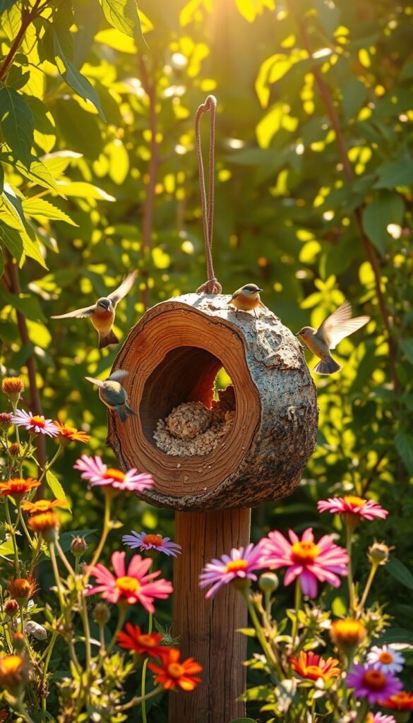A rustic log suet bird feeder nestled amidst a lush, verdant garden. Sunlight filters through the leaves, casting a warm, golden glow. The feeder itself is crafted from a hollowed-out log, its rough bark texture complementing the natural setting. Vibrant wildflowers dot the foreground, adding pops of color, while a wooden post supports the feeder, blending seamlessly with the organic surroundings. Birds flit gracefully around the feeder, their feathers shimmering as they feast on the nutritious suet. The scene exudes a charming, homespun atmosphere, perfect for a family-friendly DIY project.
