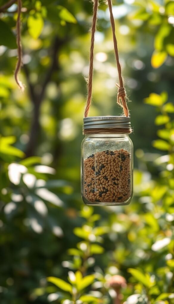 A rustic mason jar bird feeder suspended from thick, earthy twine, hanging amidst a natural, overgrown garden backdrop. The jar is filled with birdseed, its weathered surface complementing the coarse, textured twine. Dappled sunlight filters through lush foliage, casting a warm, earthy glow on the scene. The composition emphasizes the handcrafted, homespun aesthetic, with the jar and twine elements taking center stage against a softly blurred, verdant landscape. An image that evokes a sense of rustic charm and DIY simplicity, perfect for illustrating a tutorial on creating such a feeder.