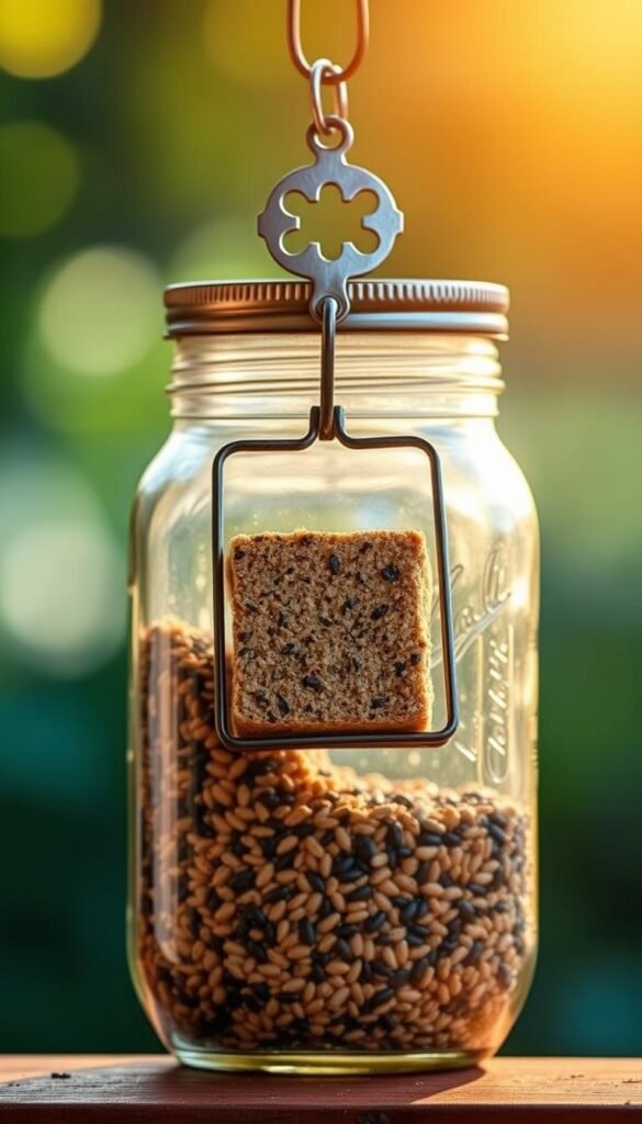 A rustic mason jar bird feeder with a suet holder, bathed in warm, golden natural light. The foreground features the glass jar filled with birdseed, its metal lid adorned with a decorative cut-out design. In the middle ground, a sturdy metal holder extends from the lid, supporting a square suet cake for the birds to feed on. The background blurs gently, hinting at a tranquil outdoor setting, perhaps a lush garden or a serene backyard. The overall composition conveys a sense of craftsmanship, functionality, and harmony with nature, inviting birds to visit and partake in this thoughtfully designed DIY feeder.