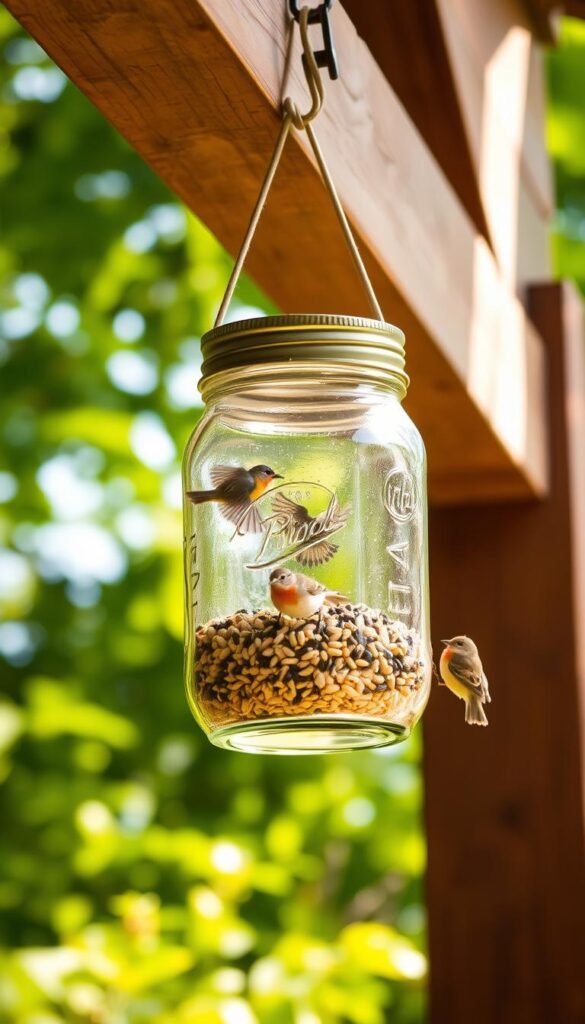 A rustic mason jar filled with bird seed, hanging from a sturdy wooden beam against a backdrop of lush greenery. Warm, natural lighting casts a gentle glow, illuminating the textured glass and highlighting the vibrant colors of the birds fluttering around the feeder. The scene evokes a sense of tranquility and connection with nature, showcasing how a simple mason jar can become a charming and functional addition to any backyard oasis.
