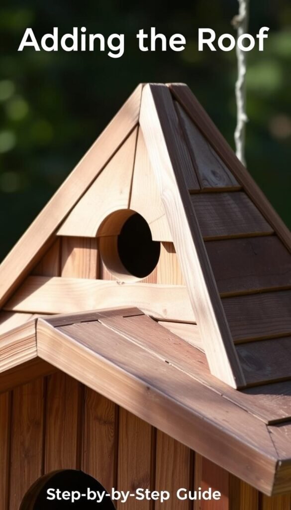 A rustic, weathered wooden birdhouse roof, with a triangular gable shape and a classic pitched design. The wooden slats are arranged in an overlapping pattern, adding depth and texture. Warm, natural lighting casts gentle shadows, highlighting the grain and imperfections of the wood. The roofline is slightly asymmetrical, giving the birdhouse a charming, handcrafted appearance. The overall scene conveys a sense of warmth, simplicity, and a connection to nature, perfectly suited for the "Adding the Roof" section of the "Step-by-Step Guide: Building a Rustic Wood Birdhouse" article.