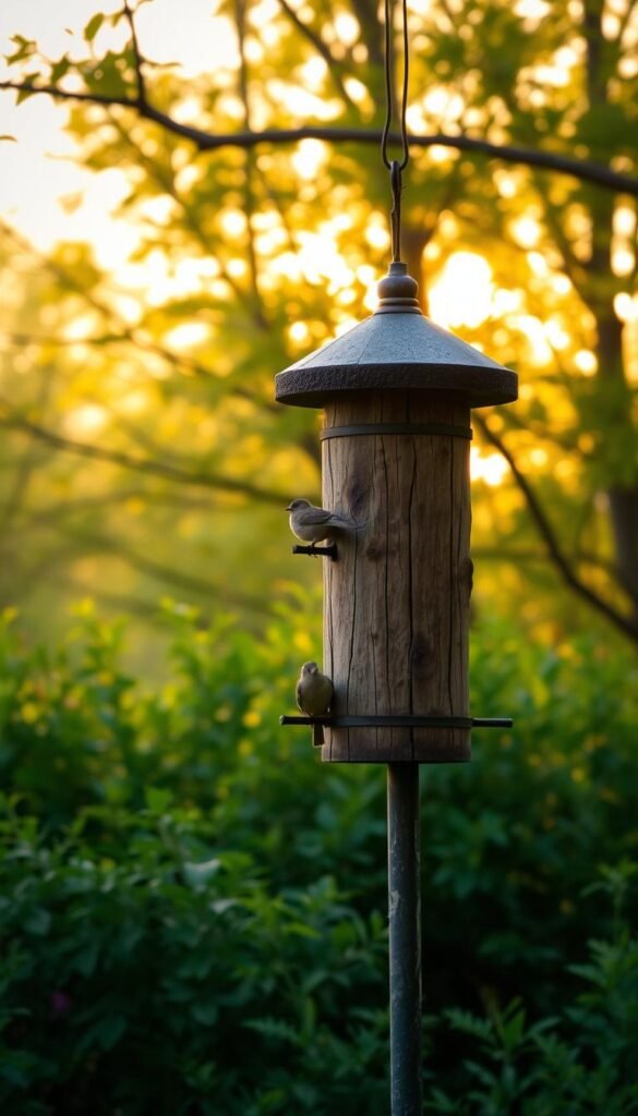 A rustic, wooden bird feeder sits in the foreground, its cylindrical shape and perches beckoning feathered visitors. The middle ground features lush, verdant foliage, hinting at the abundant natural habitat of Ohio's diverse avian population. In the background, a warm, golden light filters through the trees, casting a serene, pastoral atmosphere. The entire scene is captured with a soft, slightly vintage-inspired lens, conveying a sense of timeless charm and connection to the natural world.
