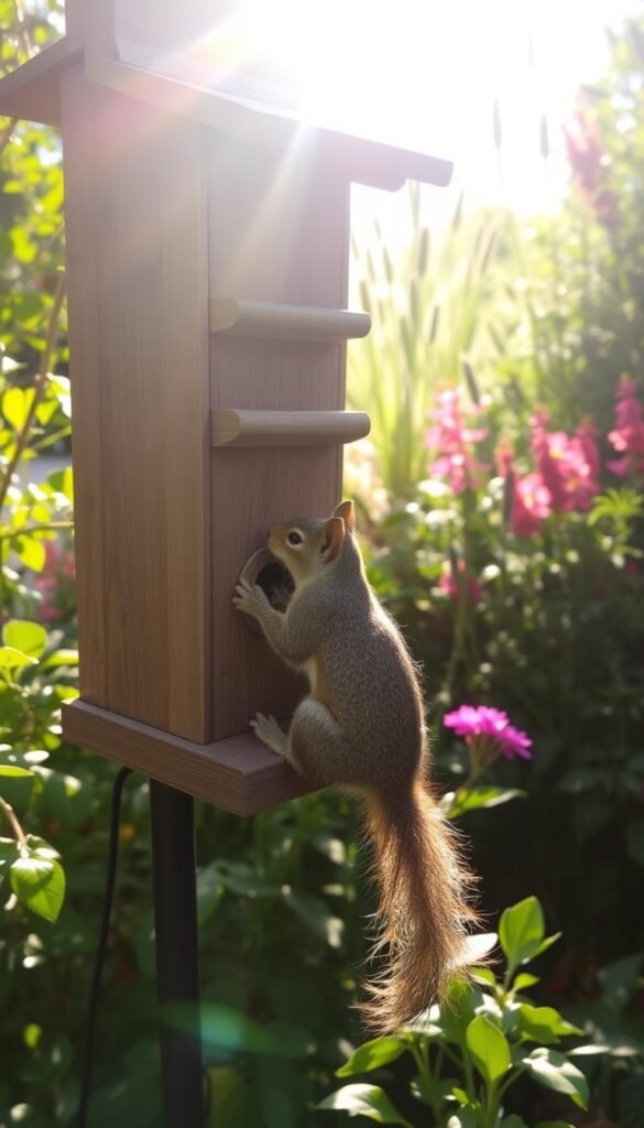 A rustic wooden bird feeder stands in a lush garden, its design flawed with perches too close together, limiting access for avian visitors. Sunlight filters through the surrounding foliage, casting warm shadows on the scene. In the foreground, a confused squirrel clings to the feeder, its opportunistic nature disrupting the intended purpose. The background features a vibrant array of native plants, hinting at the potential to create a more inviting habitat for a diverse array of bird species. The overall atmosphere conveys a sense of well-meaning but misguided attempts to attract feathered friends, a common misstep in backyard birding.