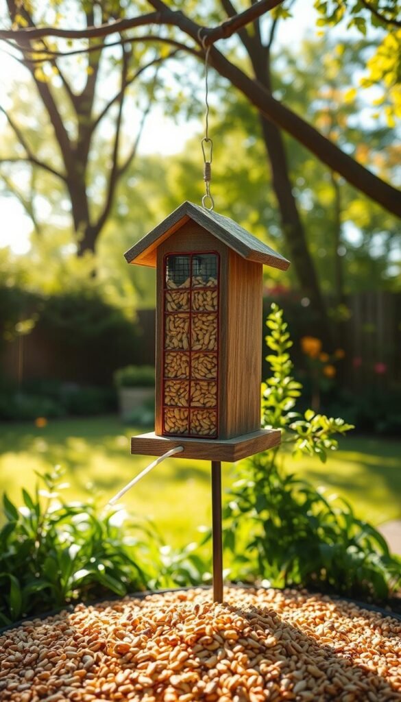 A rustic wooden bird feeder stands in a lush, verdant backyard, filled to the brim with a bountiful assortment of birdseed. The feeder is designed with intricate details, its weathered surface complementing the vibrant greens of the surrounding foliage. Sunlight filters through the trees, casting a warm, golden glow over the scene, creating a inviting atmosphere for the fluttering spring birds. In the foreground, a scattering of seeds on the ground creates a natural, organic composition, hinting at the steady flow of feathered visitors that will soon arrive to partake in this bountiful feast. The overall scene exudes a sense of tranquility and harmony, perfectly encapsulating the essence of "Providing Food for Spring Birds".