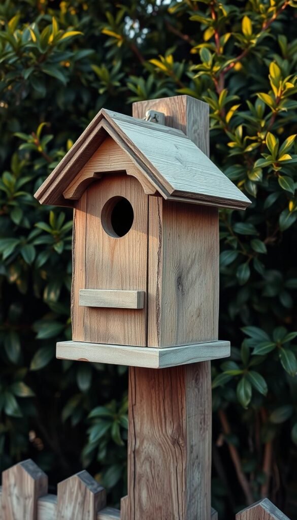 A rustic wooden birdhouse securely mounted on a wooden post, set against a backdrop of lush greenery. The birdhouse has a distressed, weathered finish, with intricate carved details accentuating its charming, handcrafted appearance. Warm, soft lighting illuminates the scene, casting gentle shadows and highlighting the natural textures of the wood. The camera angle is slightly elevated, providing a clear view of the birdhouse's placement and the surrounding foliage. The overall mood is one of tranquility and connection with nature, inviting the viewer to imagine the birds that will soon call this cozy abode their home.