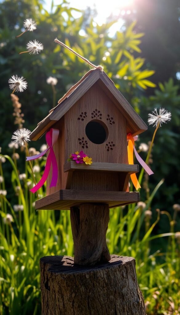 A rustic wooden birdhouse sits atop a weathered log, its delicate final touches and decorations taking center stage. The sun's warm glow casts a gentle light, illuminating the intricate carved patterns and vibrant ribbons adorning the birdhouse. Soft, wispy dandelion seeds drift through the air, adding a whimsical touch to the scene. In the background, a lush, verdant foliage creates a serene, natural backdrop, inviting birds to make this their new home. The camera captures the birdhouse at a low angle, emphasizing its charming, handcrafted details and the loving care put into its creation.