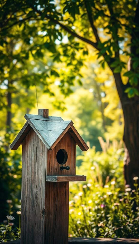 A rustic wooden birdhouse stands prominently in the foreground, its weathered and textured surface accentuating its charm. The birdhouse is adorned with a slanted roof and decorative details, inviting feathered inhabitants to take up residence. In the middle ground, a lush, verdant garden frames the scene, with vibrant greenery and delicate flowers adding a touch of natural beauty. The background is filled with the warm, golden hues of a sun-dappled forest, casting a soft, tranquil glow over the entire composition. The lighting is natural and soft, creating a cozy and inviting atmosphere that reflects the rustic charm of the birdhouse. The camera angle is at eye-level, allowing the viewer to engage with the scene as if they are standing alongside the birdhouse, ready to embark on the journey of building their own rustic wooden creation.