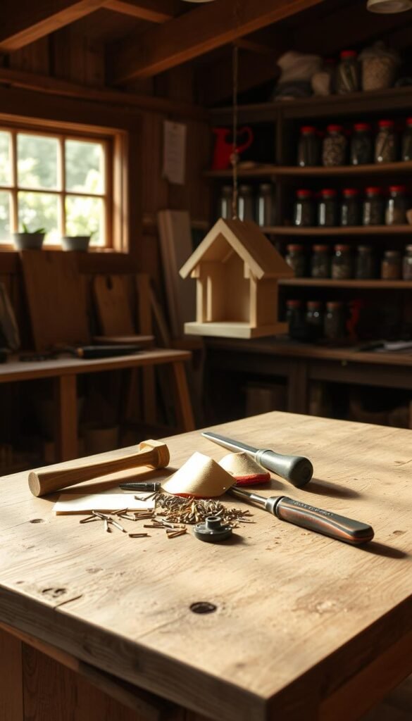 A rustic wooden workbench sits in a cozy, natural-lit workshop. Atop it, various tools are carefully arranged - a hammer, screwdriver, nails, sandpaper, and a handsaw. Sunlight filters in through a nearby window, casting a warm glow over the scene. In the background, shelves lined with jars of nails, screws, and other materials create a sense of organization and preparedness. The overall atmosphere is one of tranquility and focus, setting the stage for the creation of a charming birdhouse.