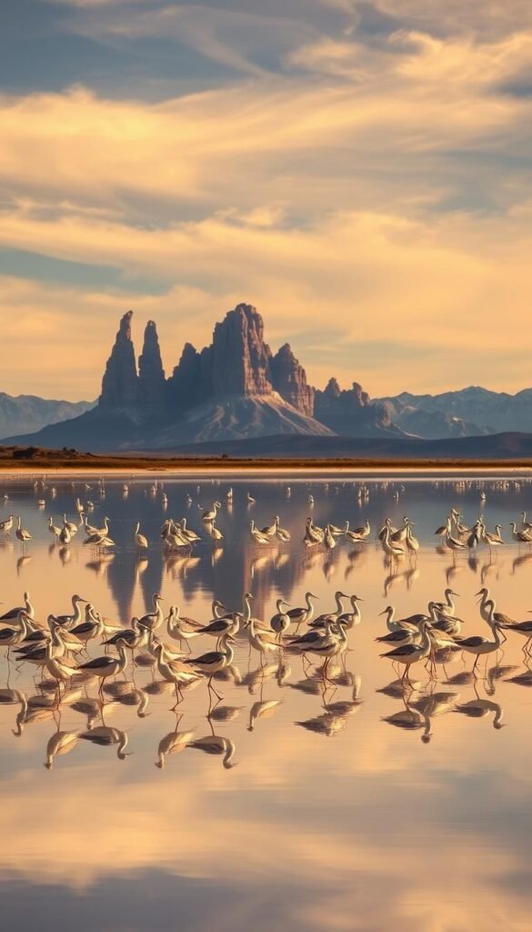 A scenic landscape at Mono Lake, California, showcasing the migratory birds that frequent this unique saline lake. In the foreground, a flock of graceful, long-legged shorebirds wade through the shallow, mirror-like waters, their reflections creating a captivating double image. In the middle ground, towering tufa towers - distinctive limestone formations - rise from the lake, providing a dramatic backdrop. The sky is filled with wispy, golden-tinged clouds, casting a warm, golden glow over the scene. The overall mood is one of tranquility and natural wonder, capturing the essence of this vital stopover for countless migratory birds on their annual journeys.