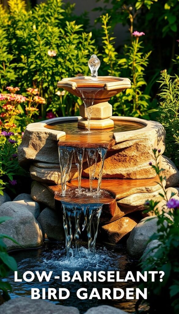 A serene and tranquil garden water feature, showcasing a beautifully crafted natural stone fountain with a cascading flow of clear, glistening water. The fountain is situated amidst a lush, verdant landscape, surrounded by vibrant foliage and flowering plants that create a calming, oasis-like atmosphere. Warm, soft lighting illuminates the scene, highlighting the intricate textures and shadows of the stone, and casting a gentle, inviting glow. The image captures the essence of a soothing, low-maintenance water element that would seamlessly integrate into a backyard bird garden, providing a refreshing source of water and a calming visual focal point.