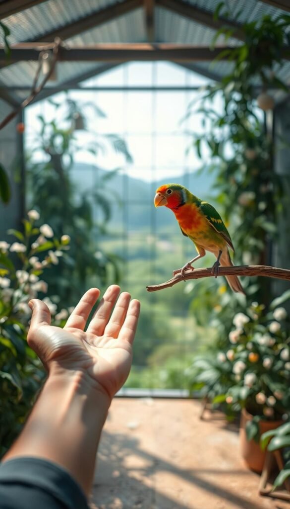 A serene aviary bathed in soft, natural lighting. In the foreground, a person gently extends their hand, palm open, towards a vibrant songbird perched atop a wooden branch. The bird leans forward, its eyes alert and its feathers subtly ruffled, a sign of growing trust and connection. In the middle ground, lush greenery and delicate flowers frame the intimate interaction, creating a sense of tranquility and harmony. The background fades into a blurred, peaceful landscape, allowing the viewer to focus on the deepening bond between human and avian companion.