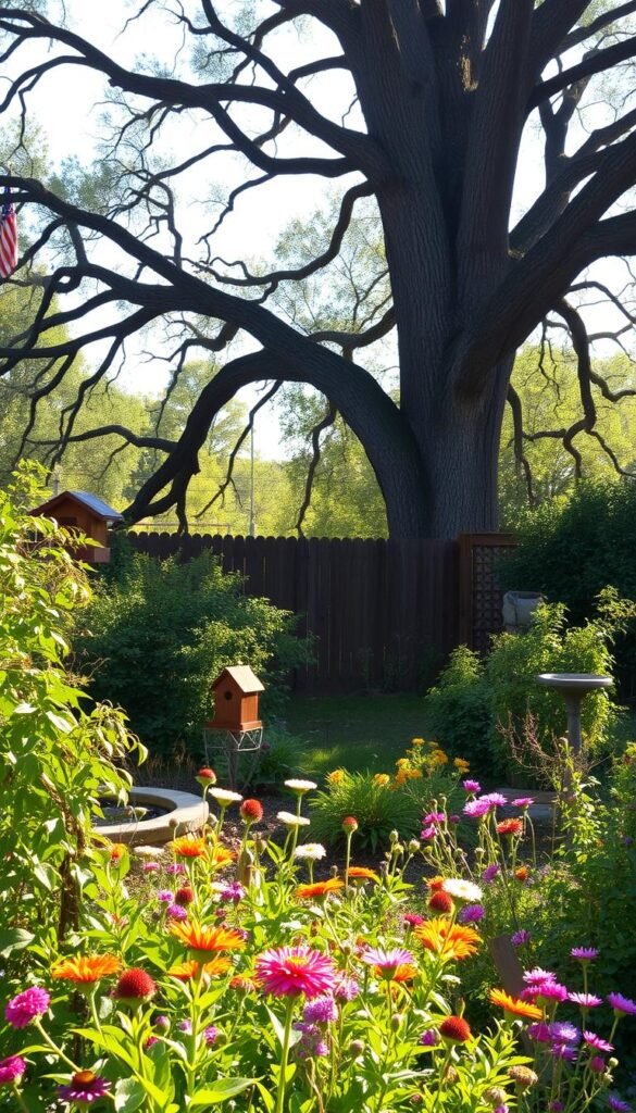 A serene backyard bird habitat, captured in warm natural light. In the foreground, a lush, verdant garden overflows with vibrant wildflowers and foliage, providing shelter and nesting sites for a variety of avian species. In the middle ground, a charming wooden birdhouse and a sturdy bird bath invite feathered visitors to rest and refresh. Beyond, a towering oak tree, its branches reaching skyward, casts a gentle shadow, creating a tranquil oasis where birds can safely forage and flit. The overall atmosphere exudes a sense of harmony and balance, showcasing the important role a well-designed backyard can play in nurturing and supporting local bird populations.