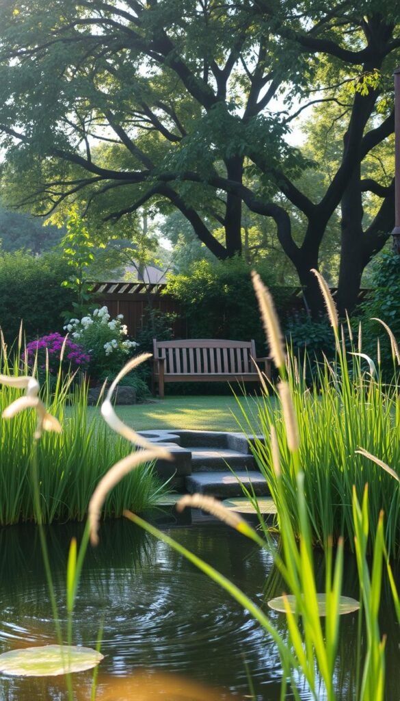 A serene backyard garden with a lush canopy of trees and flowering plants. In the foreground, a peaceful pond with gently rippling water, reflecting the natural beauty around it. Tall grass sways in a gentle breeze, creating a calming atmosphere. A wooden bench sits invitingly, overlooking the scene, bathed in soft, warm lighting. The overall mood is one of tranquility and mental rejuvenation, where one can find respite from the stresses of daily life and connect with the restorative power of nature.