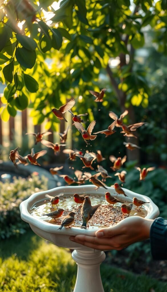 A serene backyard scene, a bird bath filled with fresh water surrounded by lush greenery. In the foreground, a person's hands delicately scatter bird seed, drawing a flock of vibrant songbirds to feed. The birds flutter and hop excitedly, their chirps and flapping wings creating a symphony of nature. Soft, warm lighting filters through the leaves, casting a golden glow over the tranquil moment. The composition is balanced, with the person's hands and the birds occupying the central focus, while the background provides a harmonious, pastoral setting. An atmosphere of peaceful coexistence and mutual nourishment permeates the scene.