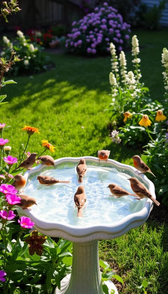 A serene backyard scene with a clear, shallow birdbath filled with fresh, sparkling water. The bath is nestled among lush, vibrant greenery - blooming spring flowers, verdant foliage, and a manicured lawn. The lighting is soft and natural, casting a warm glow on the scene. Several songbirds, such as vibrant robins and cheerful sparrows, perch on the edge of the bath, drinking and bathing peacefully. The overall atmosphere is one of tranquility, inviting the viewer to imagine the soothing sound of the water and the gentle chirping of the birds.