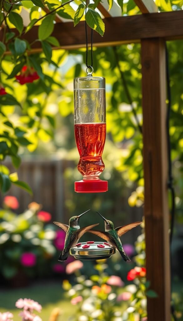 A serene backyard scene with a colorful hummingbird feeder hanging from a wooden trellis, surrounded by lush green foliage and vibrant flowers. The feeder is filled with a sweet nectar solution, glistening in the warm, natural sunlight that filters through the canopy of leaves. In the foreground, a pair of curious hummingbirds hover near the feeder, their iridescent feathers shimmering as they sip the nectar. The scene is captured with a shallow depth of field, creating a softly blurred background that emphasizes the captivating interaction between the hummingbirds and their feeder. The overall mood is one of peaceful coexistence and the delicate beauty of nature.