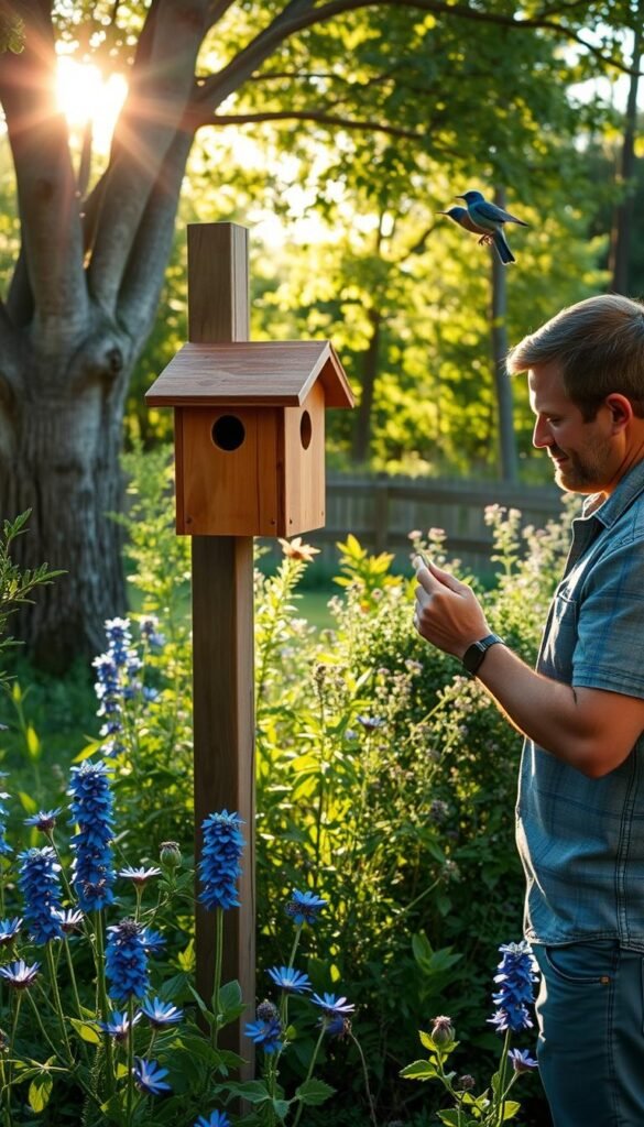 A serene backyard scene with a wooden birdhouse mounted on a post, surrounded by lush greenery and vibrant blue wildflowers. Warm afternoon sunlight filters through the trees, casting a soft glow over the scene. A person, dressed casually, is carefully inspecting the birdhouse, checking for any signs of damage or needed repairs, their expression focused and attentive. In the distance, a pair of Eastern bluebirds flutter nearby, their bright blue feathers catching the light. The overall mood is one of tranquility and a deep appreciation for the natural world.